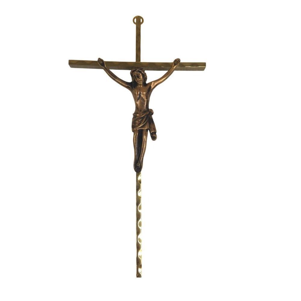 Vintage Hammered Brass Bronze Crucifix Cross Wall Hanging Catholic 9" New